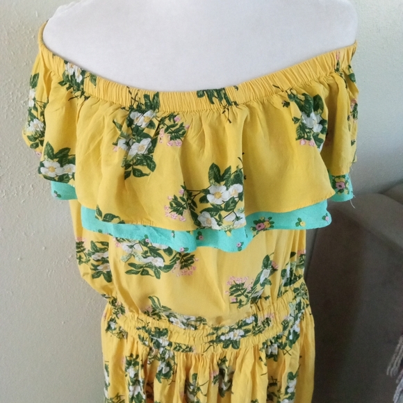 MATILDA JANE Gold & Aqua Floral Ruffled Off Shoulder Dress | L - Picture 3 of 8
